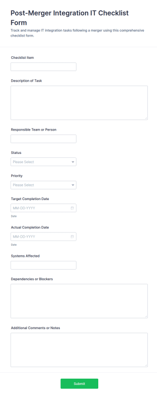Post Merger Integration IT Checklist Form Template