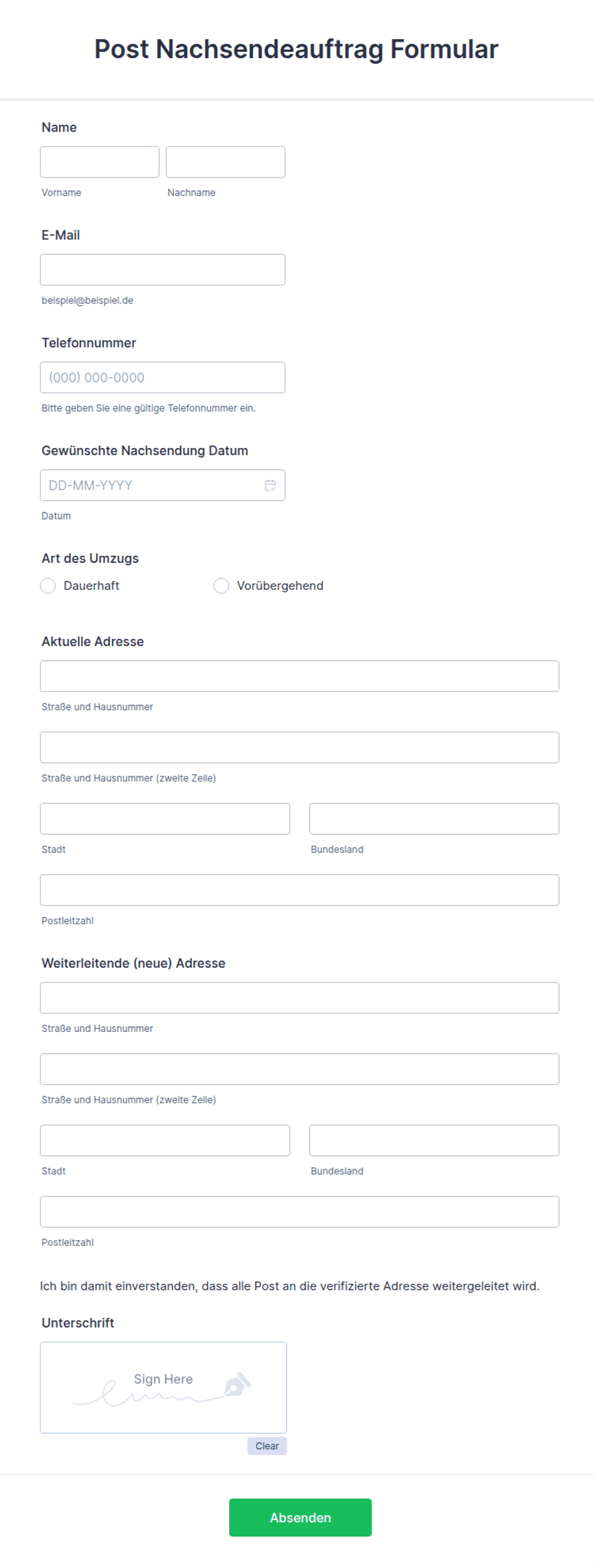 Post Nachsendeauftrag Formular | Jotform