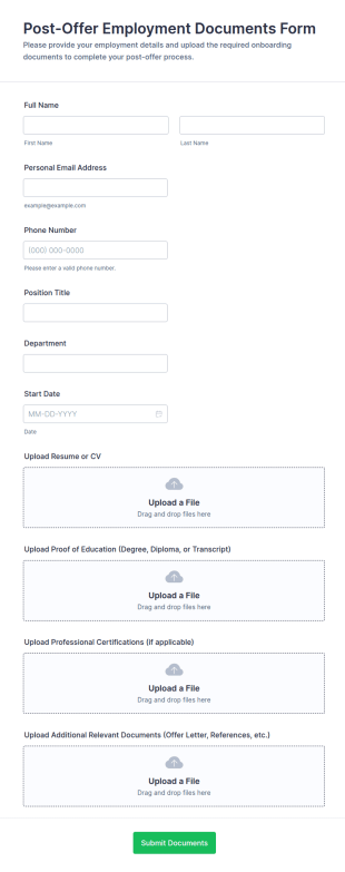 Post Offer Employment Documents Form Template