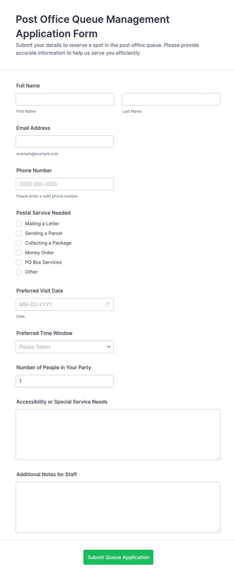 Post Office Queue Management Application Form Template | Jotform