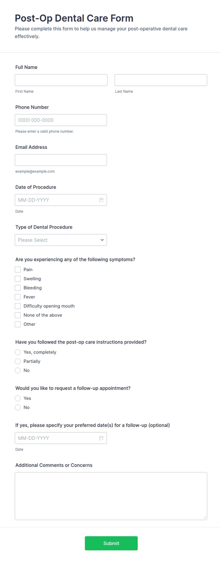 Post Op Call Form.pdf Post-Op Dental Care Form Template | Jotform