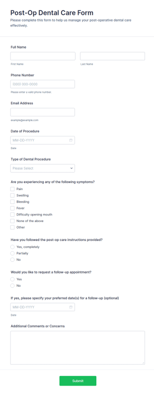 Post Op Dental Care Form Template