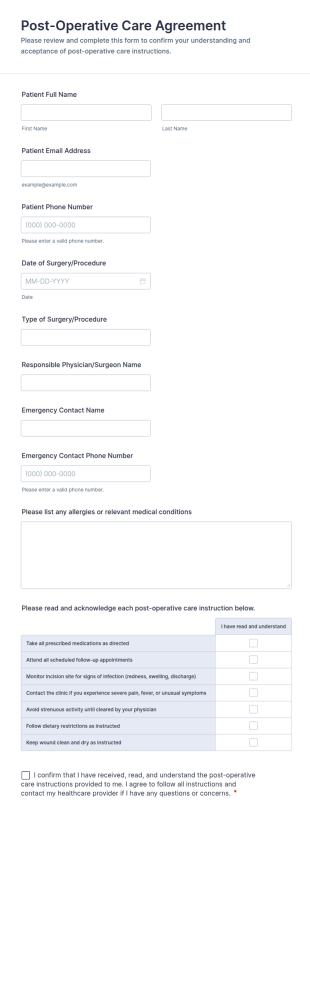 Post Operative Care Agreement Form Template