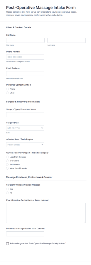 Post Operative Massage Intake Form Template