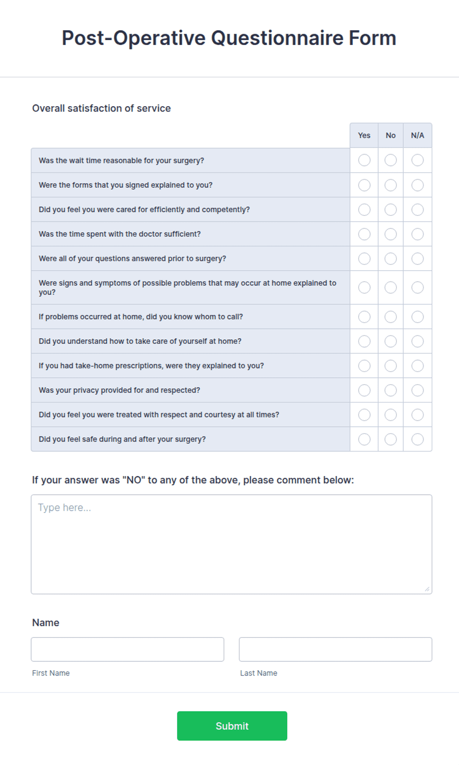 Post Op Call Form.pdf Post-Operative Questionnaire Form Template | Jotform