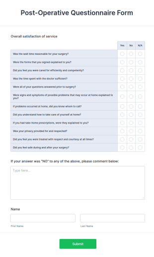 Post Operative Questionnaire Form Template