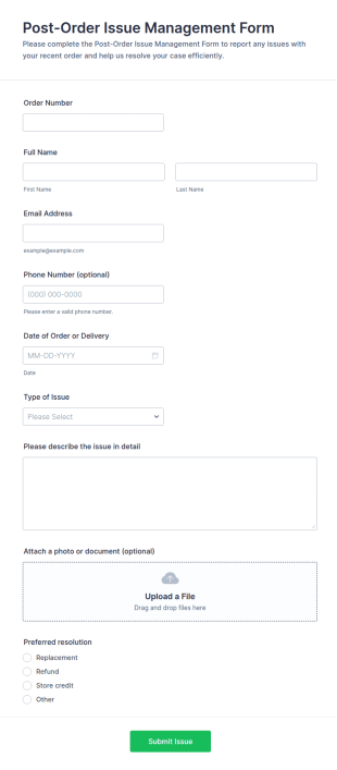 Post Order Issue Management Form Template