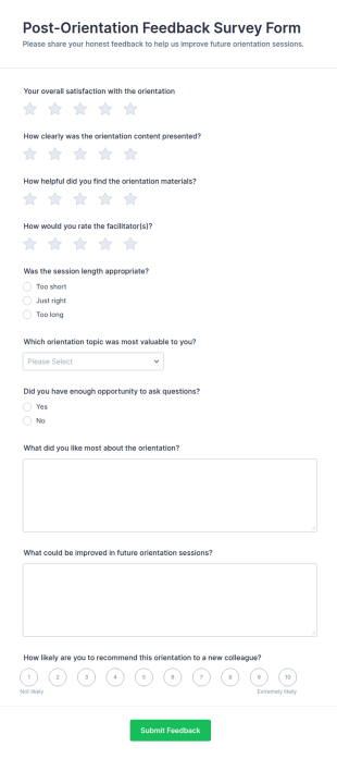 Post Orientation Feedback Survey Form Template