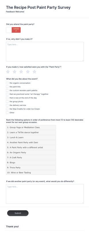 Post Party Feedback Form Template