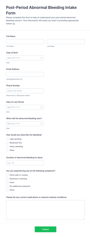 Post Period Abnormal Bleeding Intake Form Template