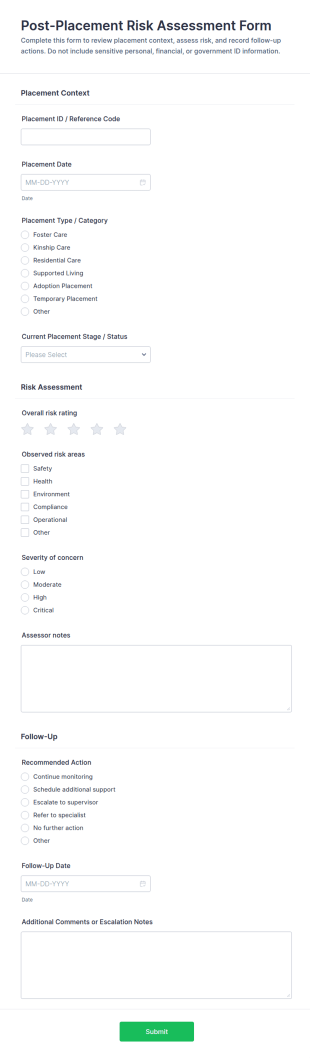 Post Placement Risk Assessment Form Template
