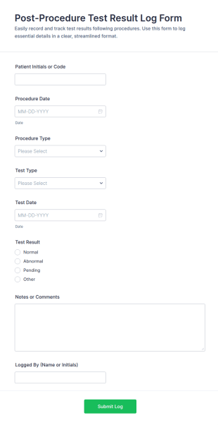 Post Procedure Test Result Log Form Template
