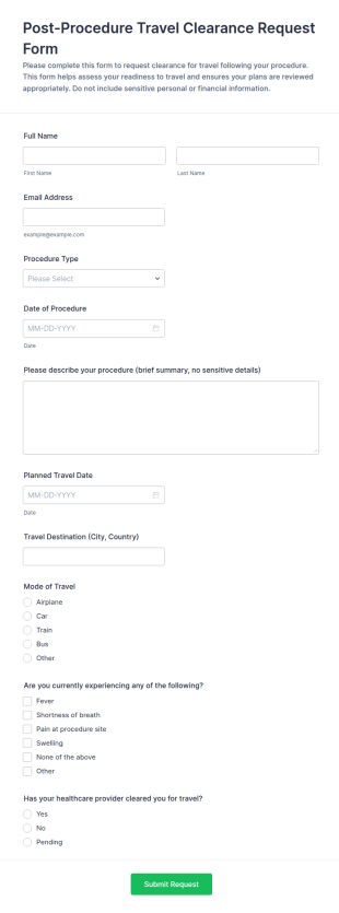 Post Procedure Travel Clearance Request Form Template