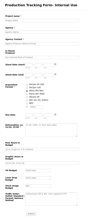 Post Production Tracking Form Template