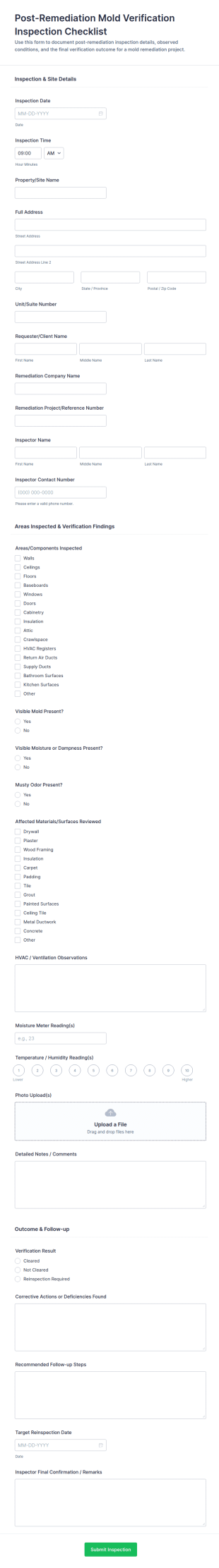 Post Remediation Mold Verification Inspection Checklist Form Template