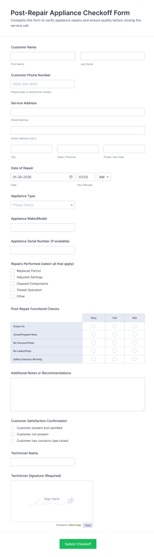 Post Repair Appliance Checkoff Form Template