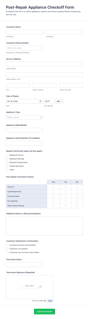 Post Repair Appliance Checkoff Form Template