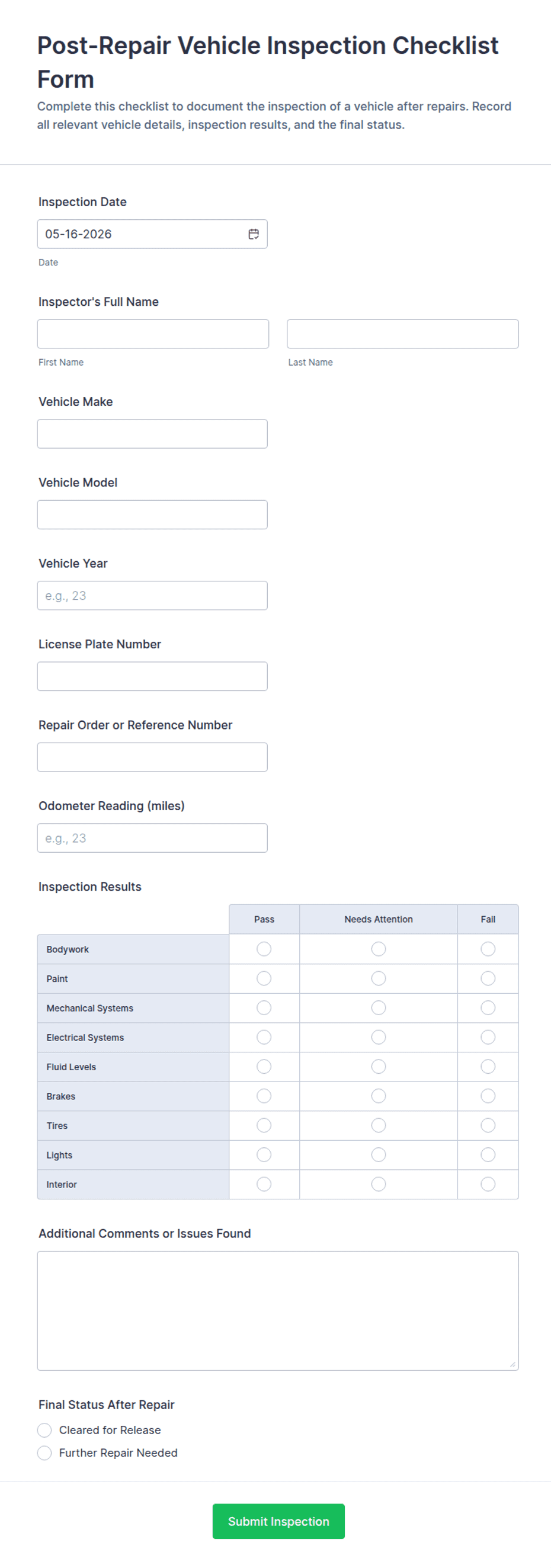 Post-Repair Vehicle Inspection Checklist Form Template | Jotform