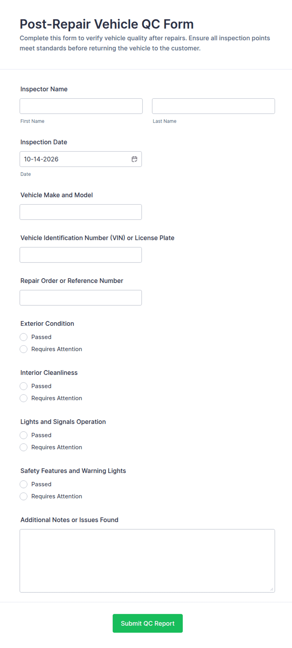 Post-Repair Vehicle QC Form Template | Jotform