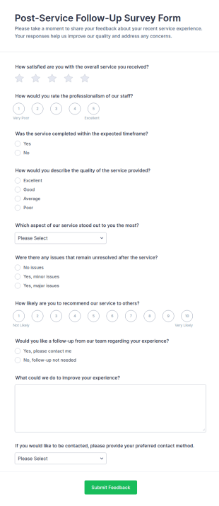 Post Service Follow Up Survey Form Template