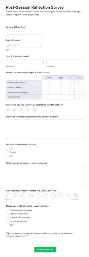 Post Session Reflection Survey Form Template