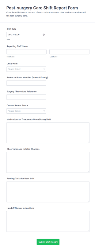 Post Surgery Care Shift Report Form Template