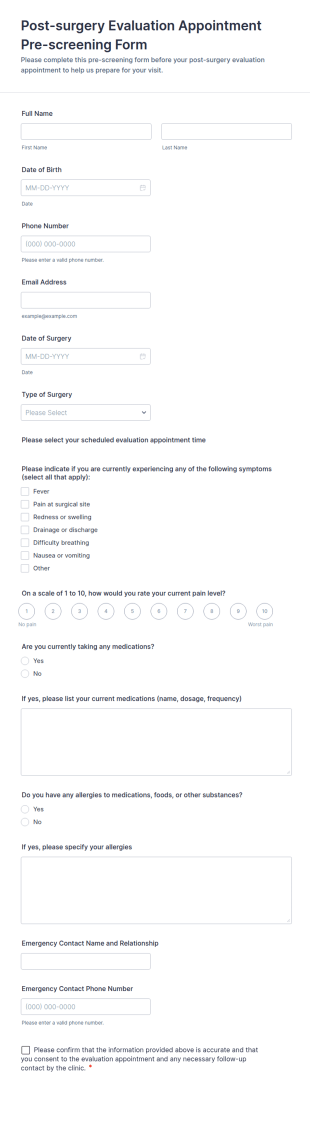 Post Surgery Evaluation Appointment Pre Screening Form Template