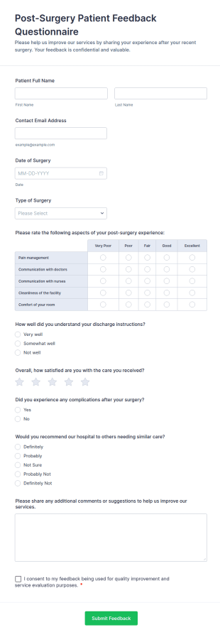 Post Surgery Patient Feedback Questionnaire Form Template
