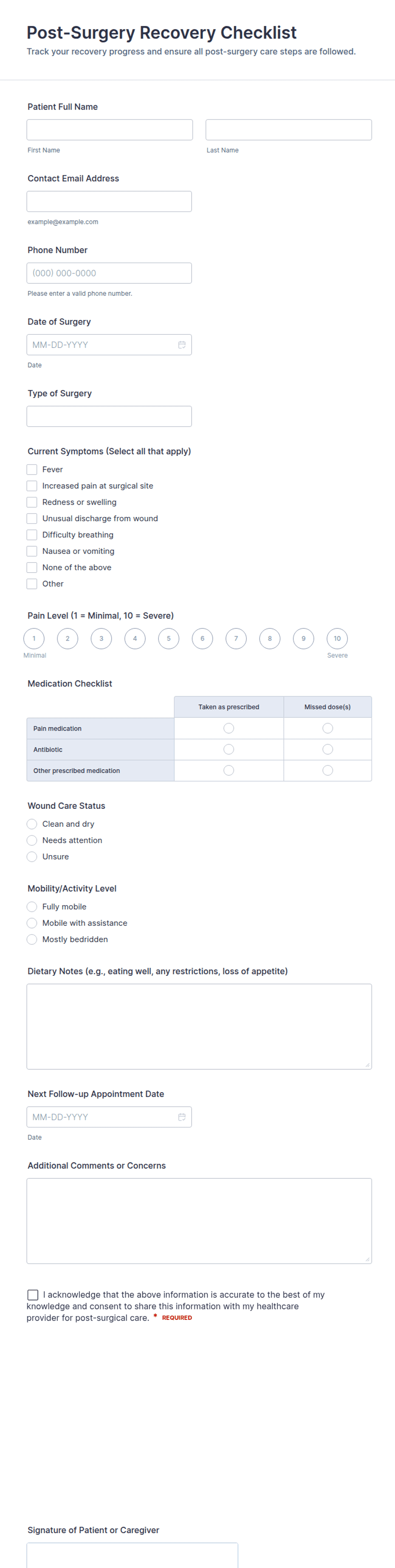 Postoperative Recovery Questionnaire.pdf Post-Surgery Recovery Checklist Form Template | Jotform