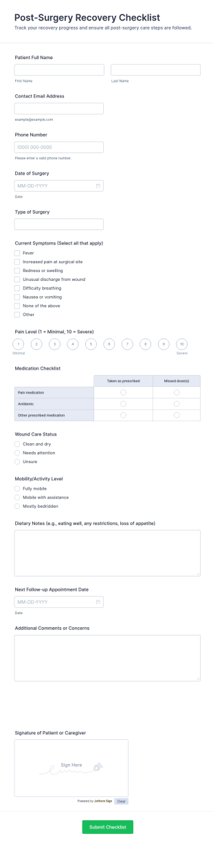 Post Surgery Recovery Checklist Form Template