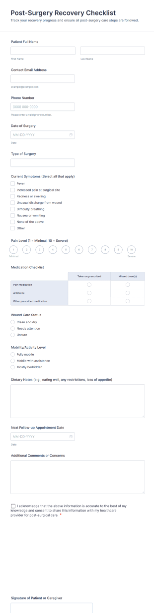 Post Surgery Recovery Checklist Form Template