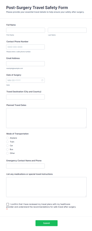 Post Surgery Travel Safety Form Template