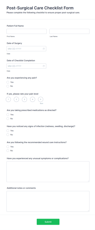 Post Surgical Care Checklist Form Template