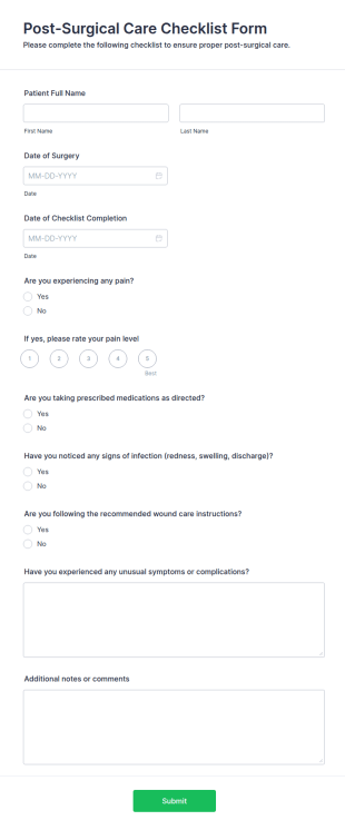 Post Surgical Care Checklist Form Template