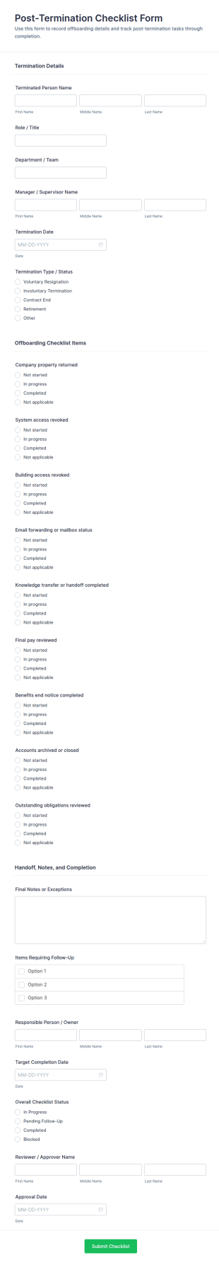 Post Termination Checklist Form Template