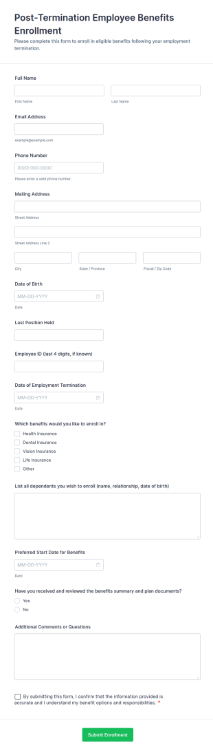 Post Termination Employee Benefits Enrollment Form Template