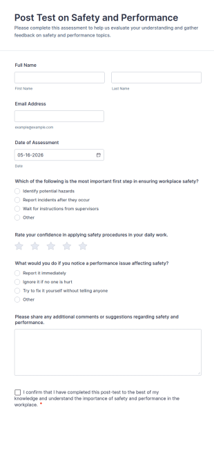 Post Test On Safety And Performance Form Template
