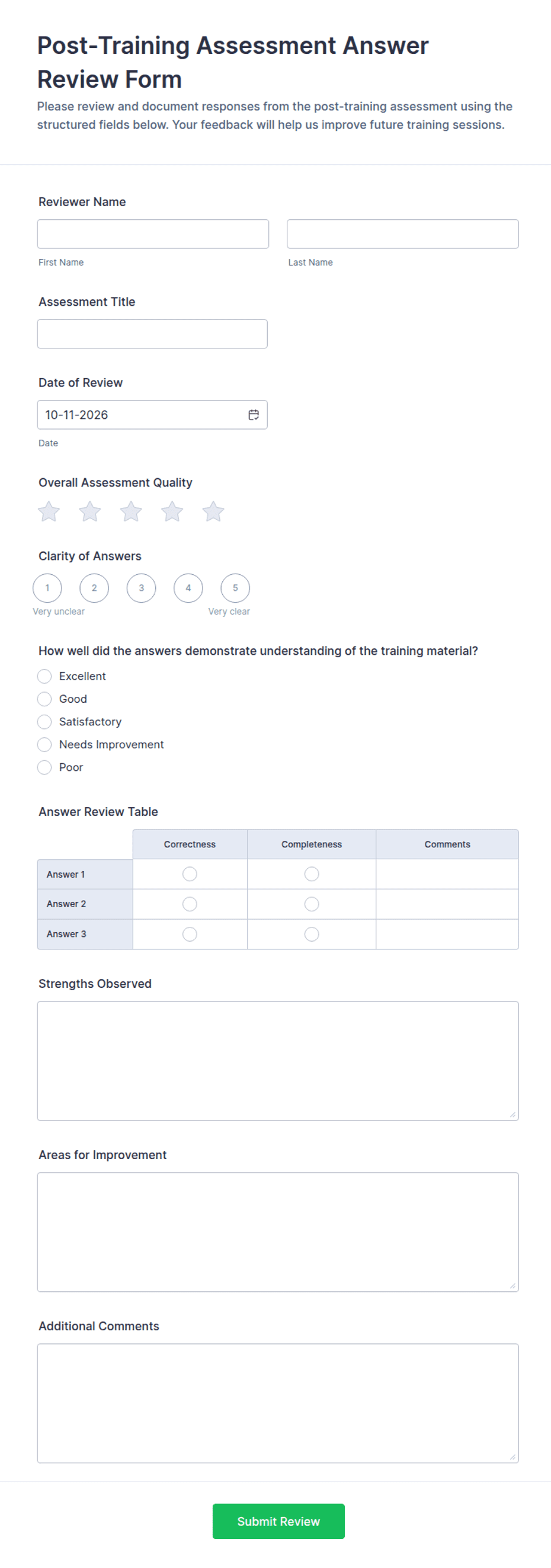 Post-Training Assessment Answer Review Form Template | Jotform
