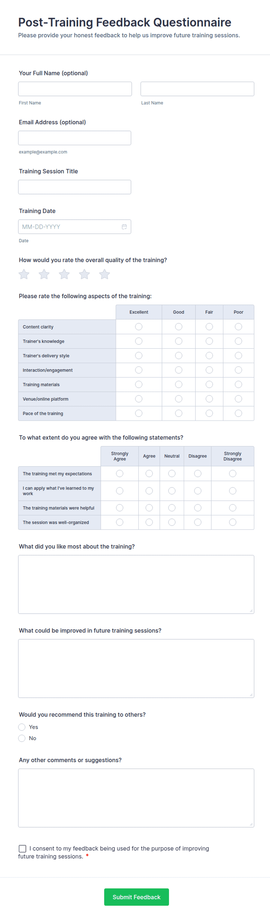 Post-Training Feedback Questionnaire Form Template | Jotform