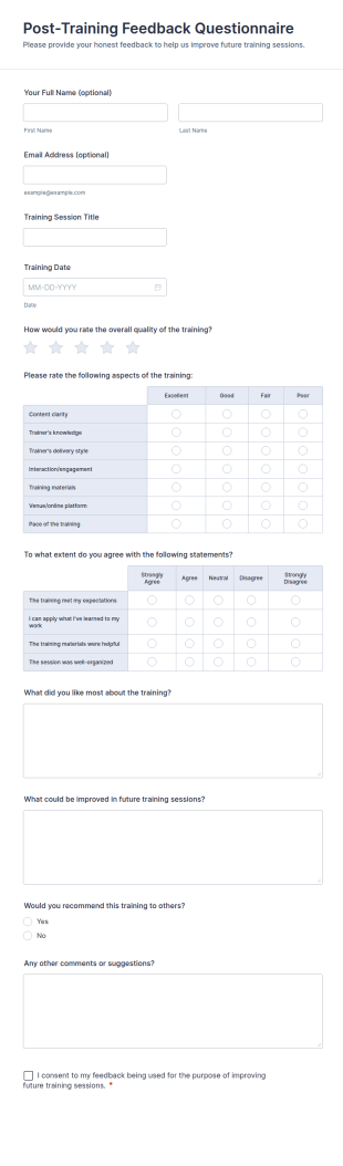 Post Training Feedback Questionnaire Form Template