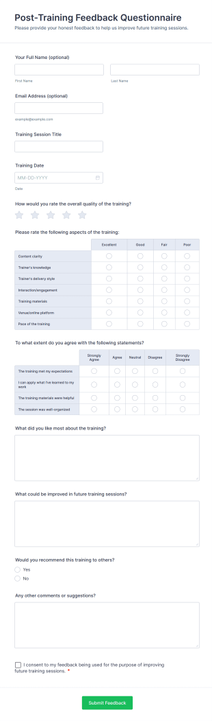 Post Training Feedback Questionnaire Form Template