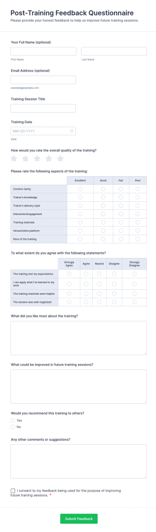 Post Training Feedback Questionnaire Form Template