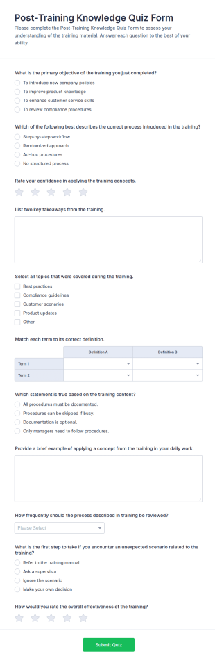 Post Training Knowledge Quiz Form Template