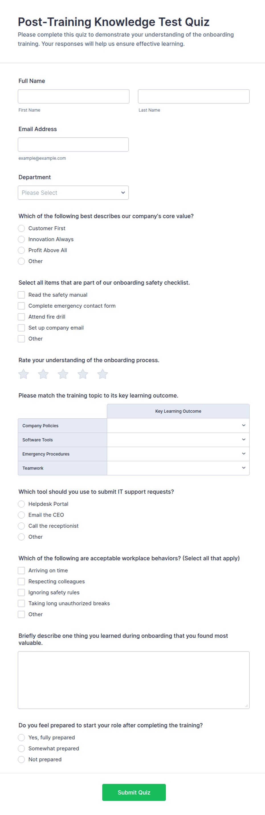 Post-Training Knowledge Test Quiz Form Template | Jotform