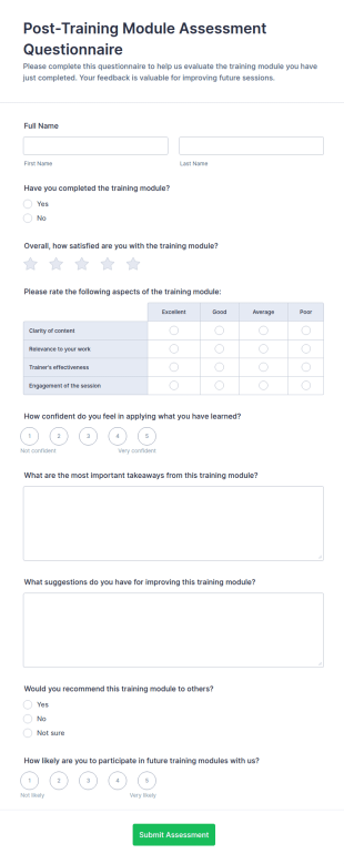 Post Training Module Assessment Questionnaire Form Template