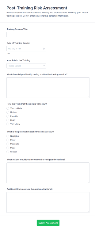 Post Training Risk Assessment Form Template