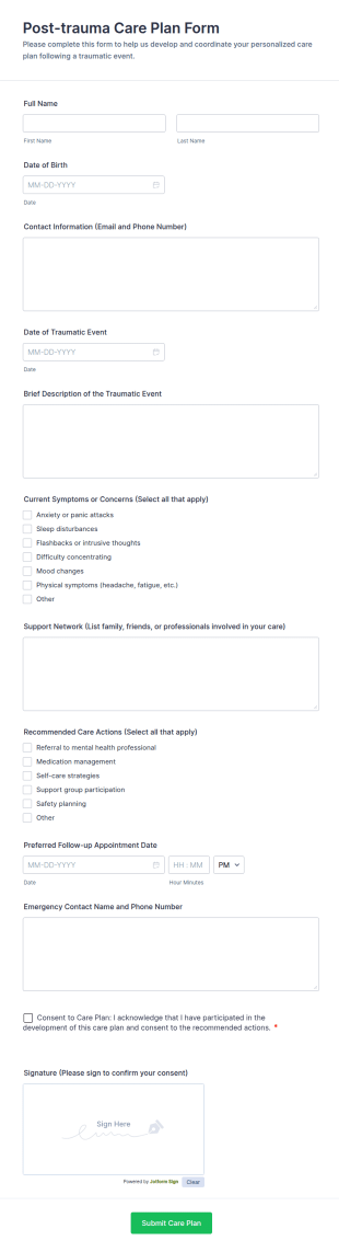 Post Trauma Care Plan Form Template
