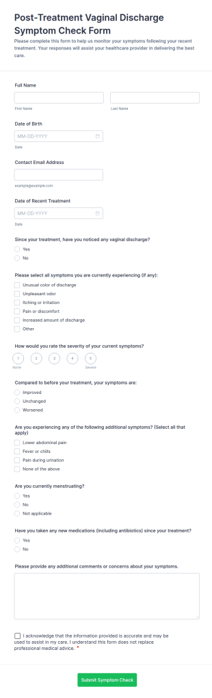 Post Treatment Vaginal Discharge Symptom Check Form Template