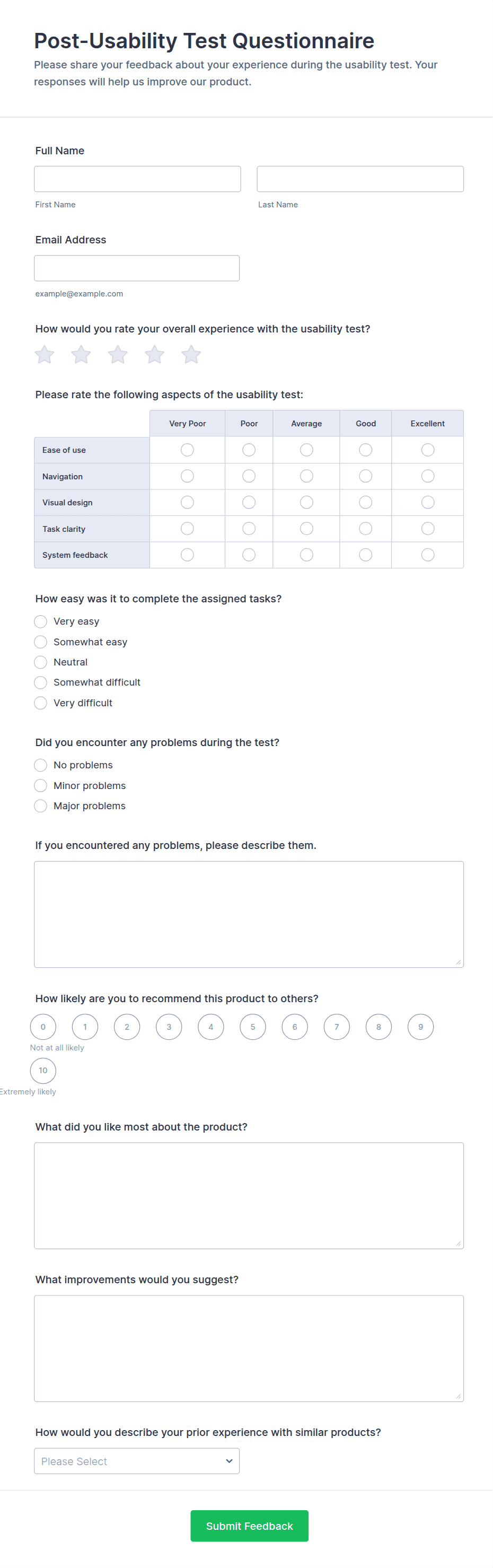 Post-Usability Test Questionnaire Form Template | Jotform