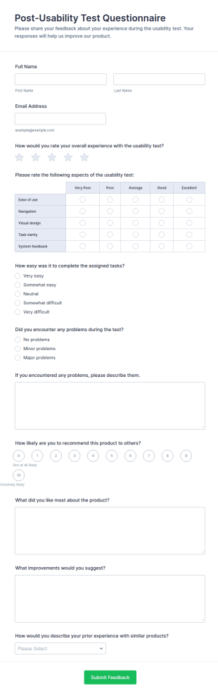 Post Usability Test Questionnaire Form Template